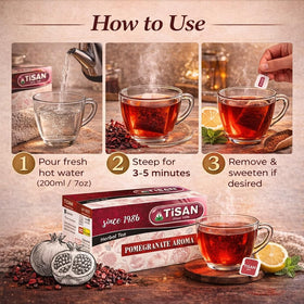 Generic Tisan Pomegranate packaging close-up, 40 individually wrapped tea bags for freshness.