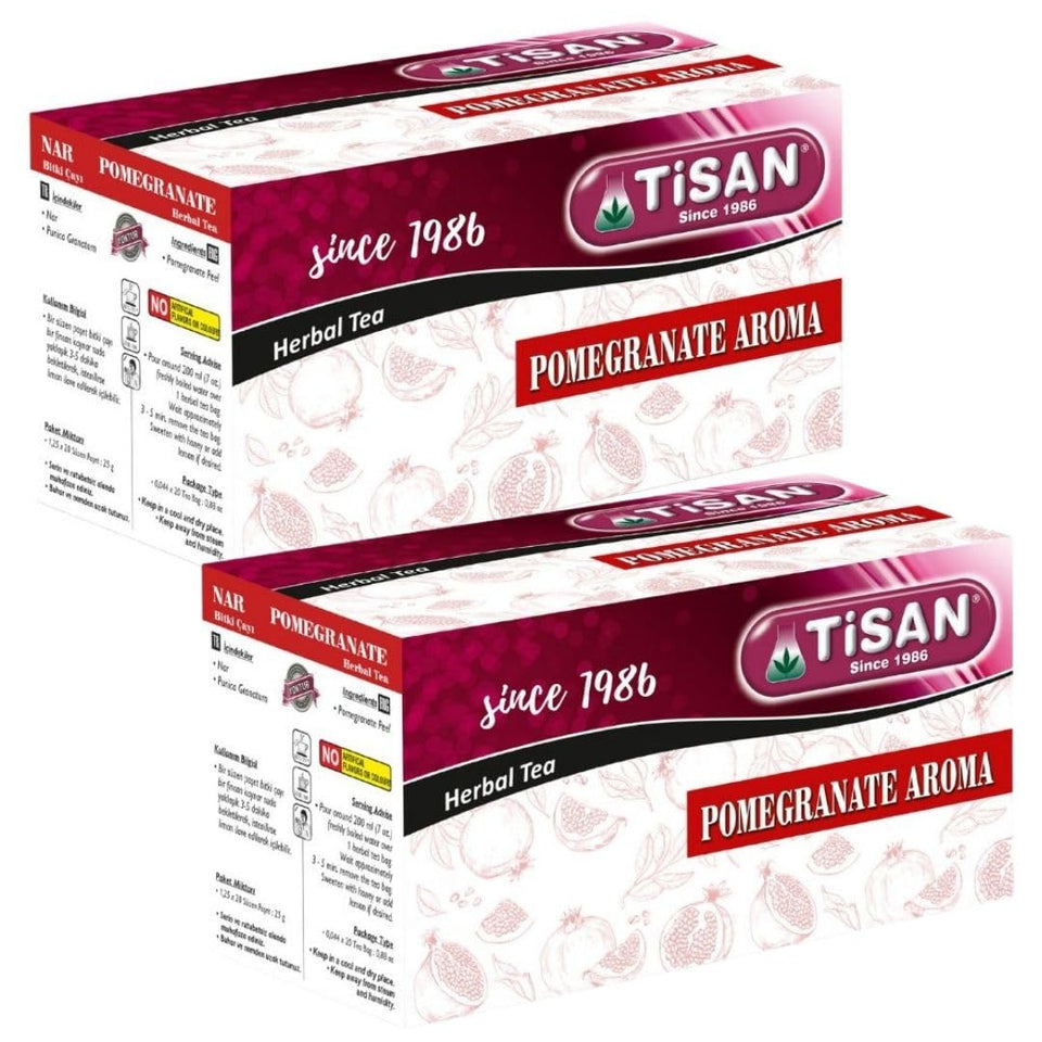 Generic Tisan Pomegranate tea bags in a box, rich flavor for a caffeine-free daily ritual.