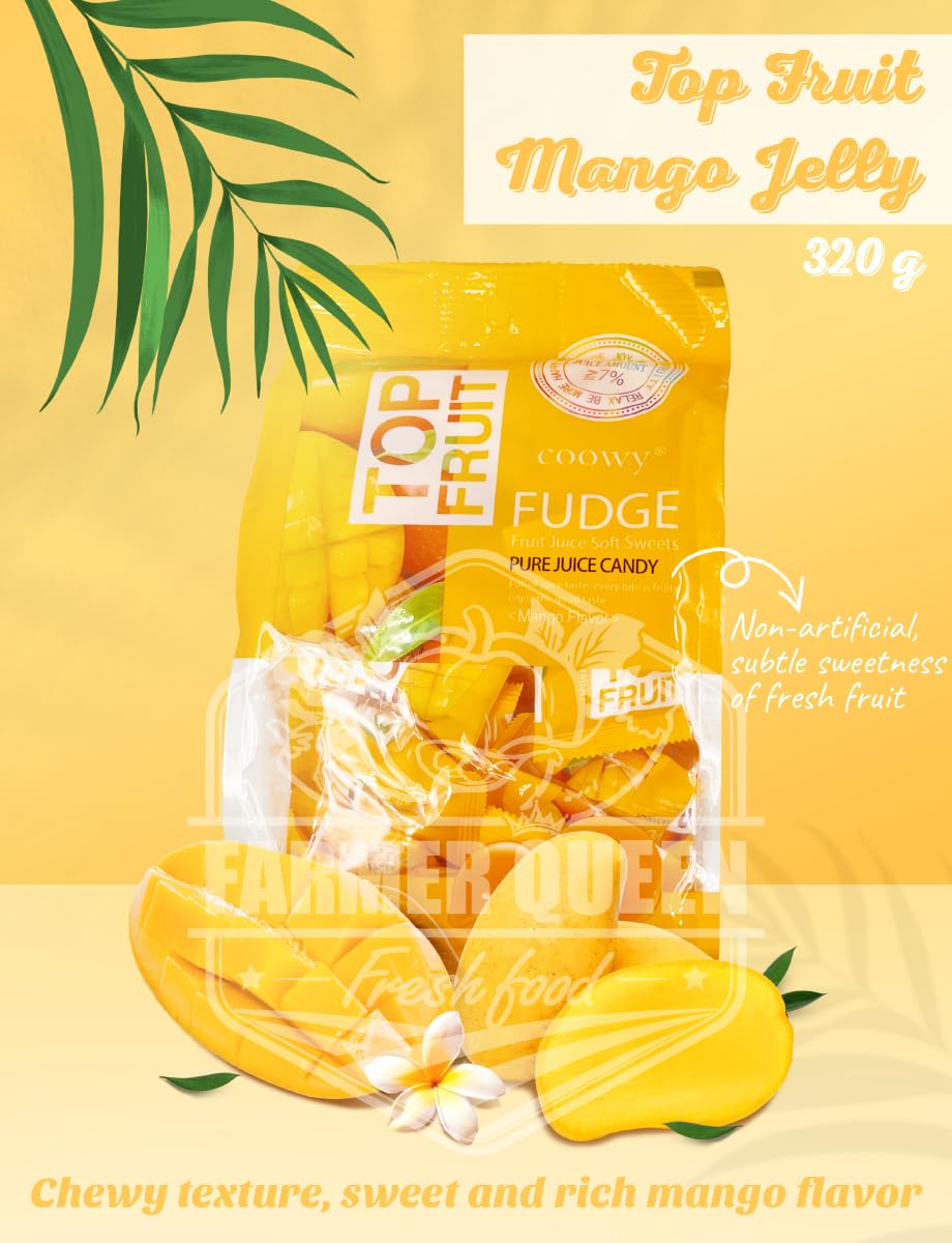Generic Top Fruit Mango Jelly bites closeup highlights ultra-soft chewy texture.