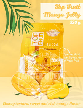 Generic Top Fruit Mango Jelly bites closeup highlights ultra-soft chewy texture.