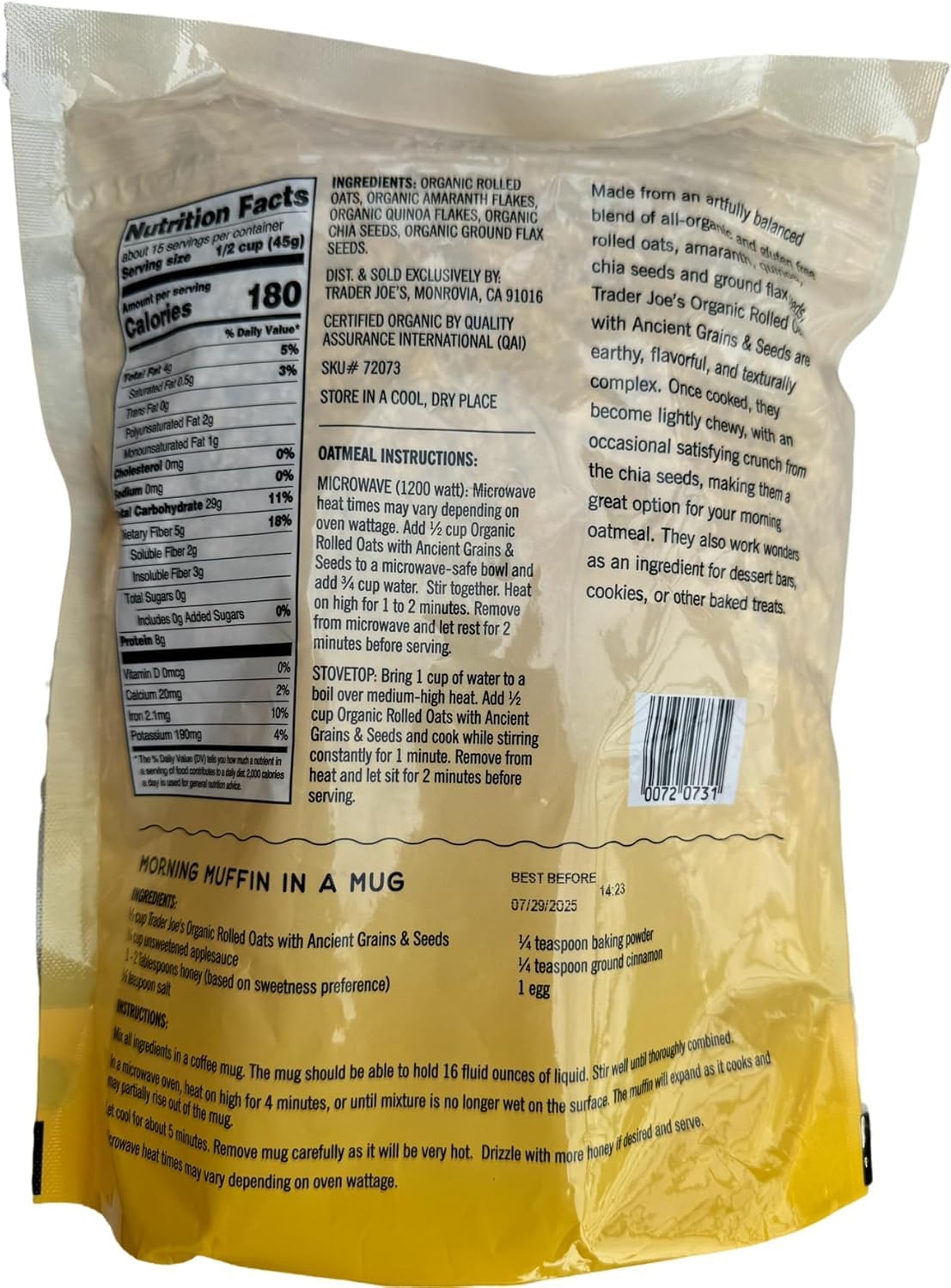 Trader Joe's oats in a jar with seeds and grains, ideal for gluten‑free morning porridge