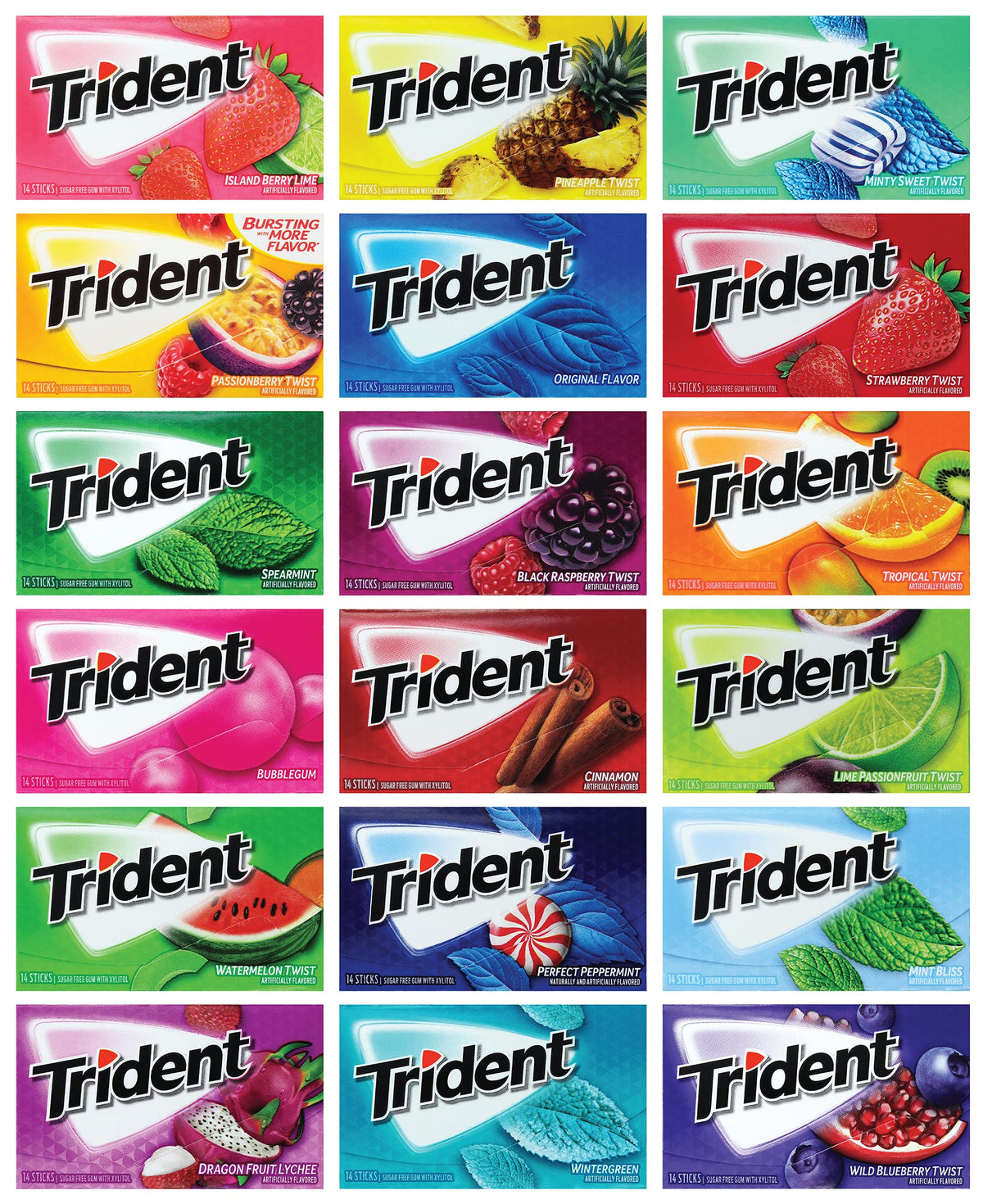 Generic Tridents sugar-free gum sampler 10-pack for flavor variety and fresh breath.