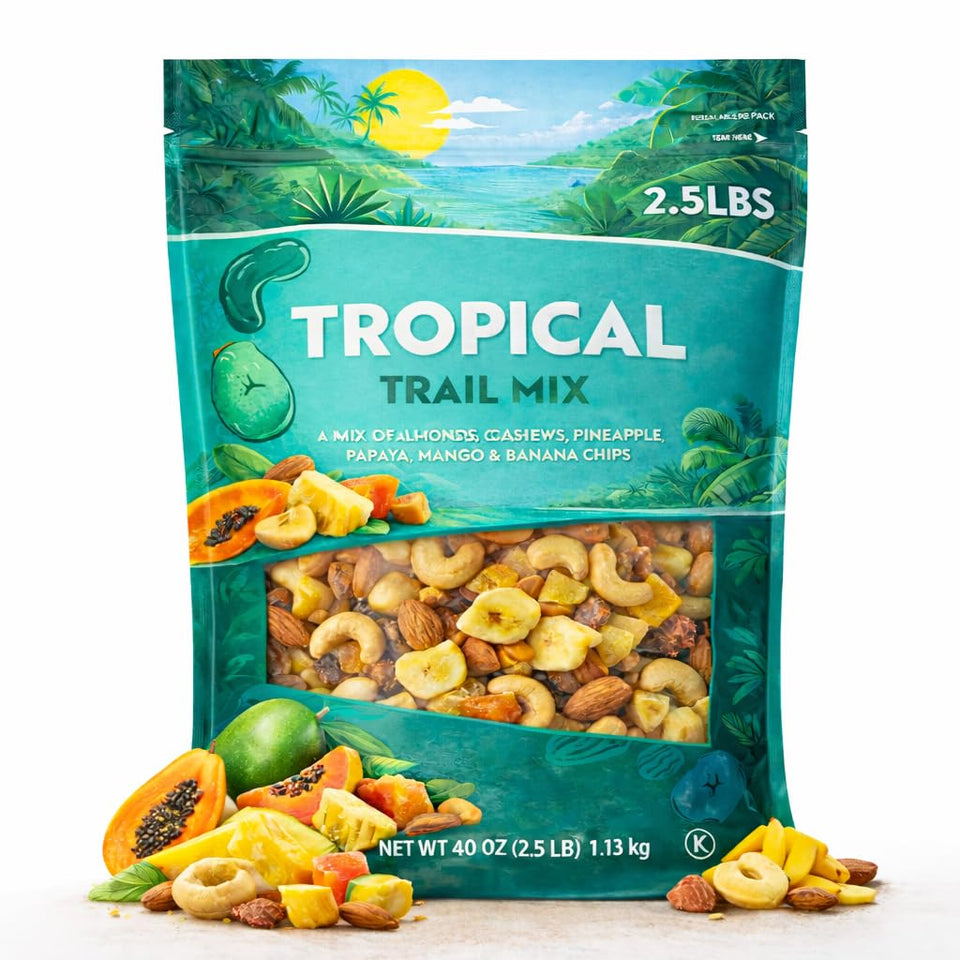Generic Tropical Trail Mix bag front, convenient on-the-go snack for lunch breaks