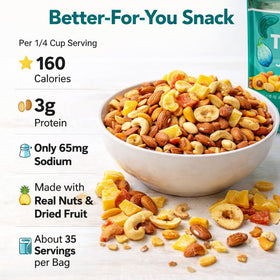 Generic Tropical Trail Mix closeup of nuts and dried fruit shows natural textures for mindful snacking