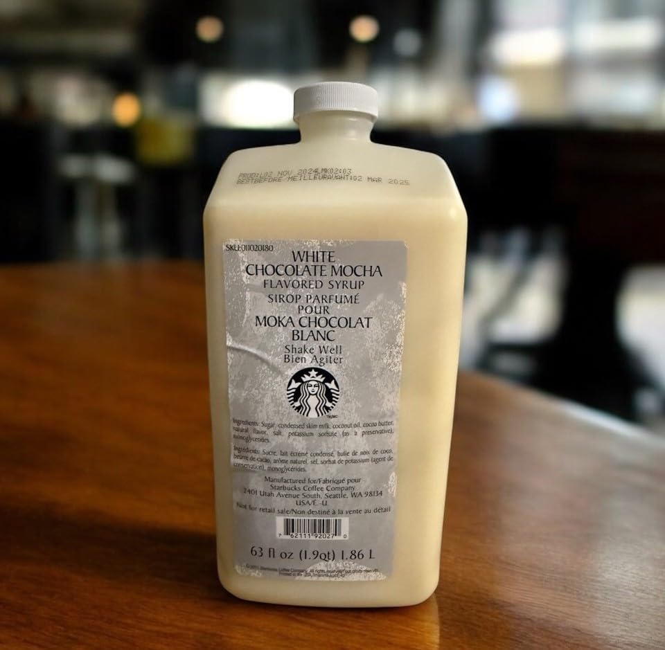 Generic white chocolate mocha sauce bottle with pump for clean, precise dispensing.