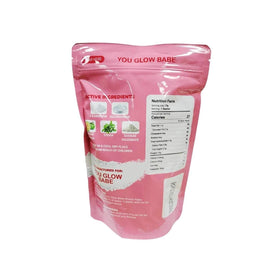 Generic You Glow Babe Shepu Appu Juice sachet closeup highlighting portion and calories.