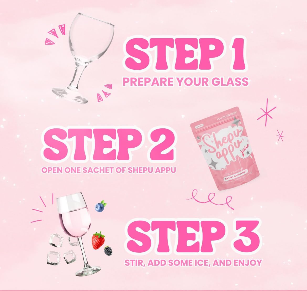 Generic You Glow Babe Shepu Appu Juice sachet pack with label and ingredients.