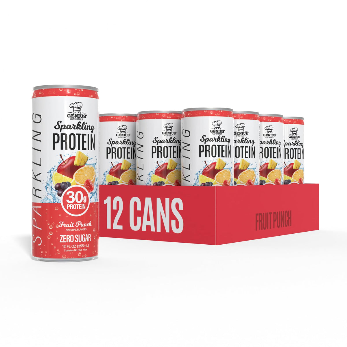 Genius Gourmet clear protein sparkling water can front view, zero sugar
