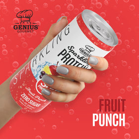 Genius Gourmet clear protein sparkling water can label with fruit punch flavor