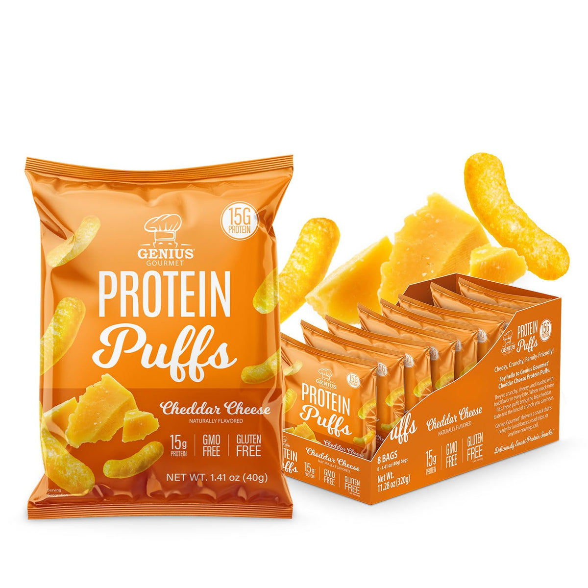 Genius Gourmet Protein Puffs cheddar bag shows a high-protein gluten-free snack on the go