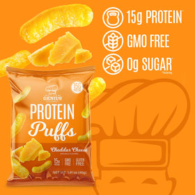 Genius Gourmet Protein Puffs cheddar closeup highlighting cheesy crunch