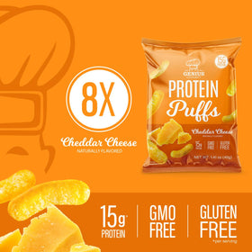 Genius Gourmet Protein Puffs cheddar nutrition label emphasizes gluten-free and zero added sugar