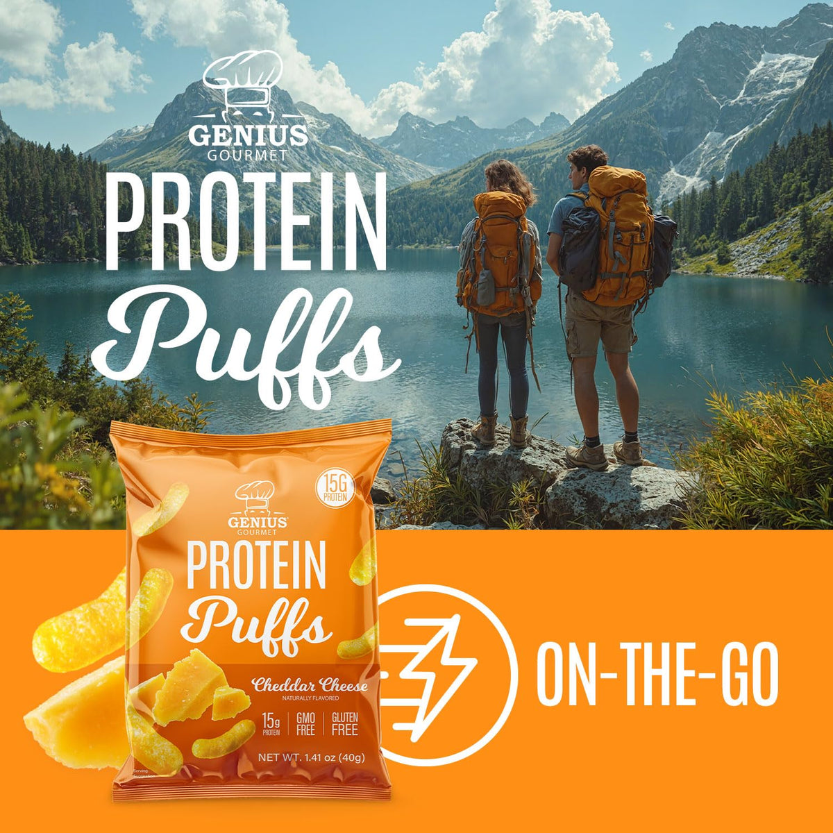 Genius Gourmet Protein Puffs cheddar packaging showcases savory aroma