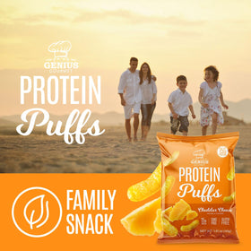 Genius Gourmet Protein Puffs crunchy texture closeup invites first bite