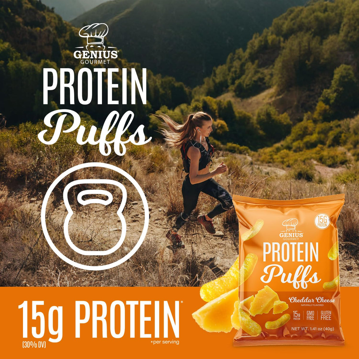 Genius Gourmet Protein Puffs gluten-free packaging highlights cheddar flavor