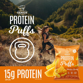 Genius Gourmet Protein Puffs gluten-free packaging highlights cheddar flavor