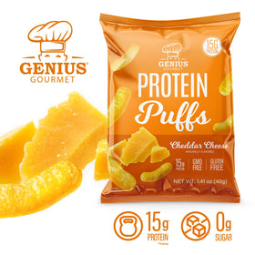 Genius Gourmet Protein Puffs on the go pack demonstrates portable snack for busy days