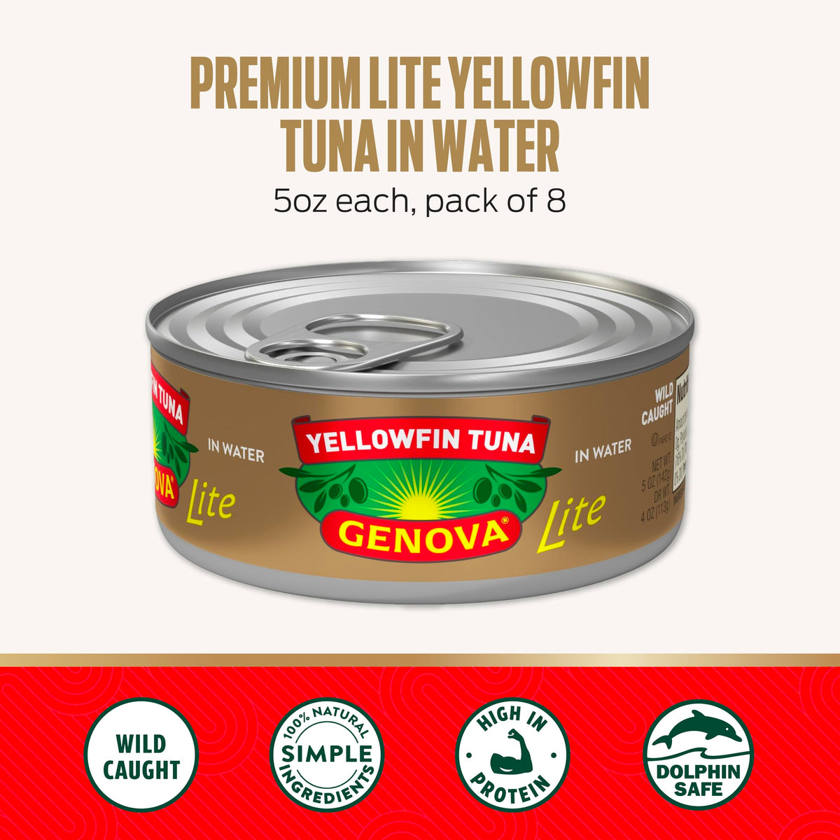 Genova Premium Lite Yellowfin Tuna in Water label closeup highlights quality and simple ingredients.