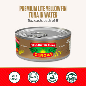 Genova Premium Lite Yellowfin Tuna in Water label closeup highlights quality and simple ingredients.