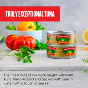 Genova Premium Lite Yellowfin Tuna in Water serving salad image suggests versatile Mediterranean dishes.