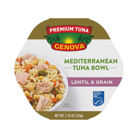 Genova tuna bowl close-up showing lentils, vegetables, and color.