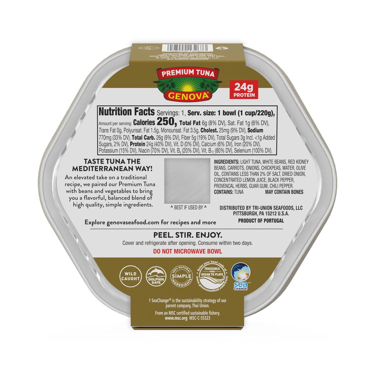 Genova tuna bowl packaging emphasizing shelf-stable convenience.