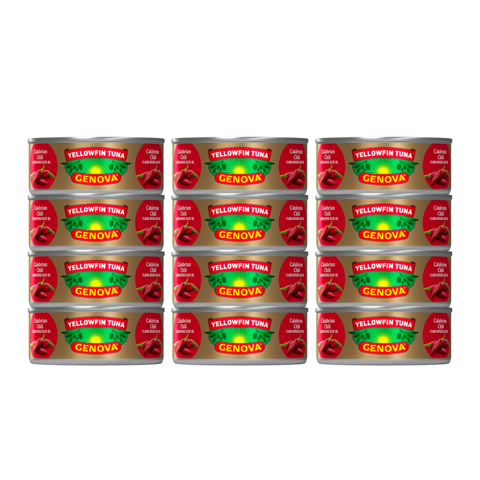 Genova yellowfin tuna in Calabrian chili olive oil can displaying premium flavor.
