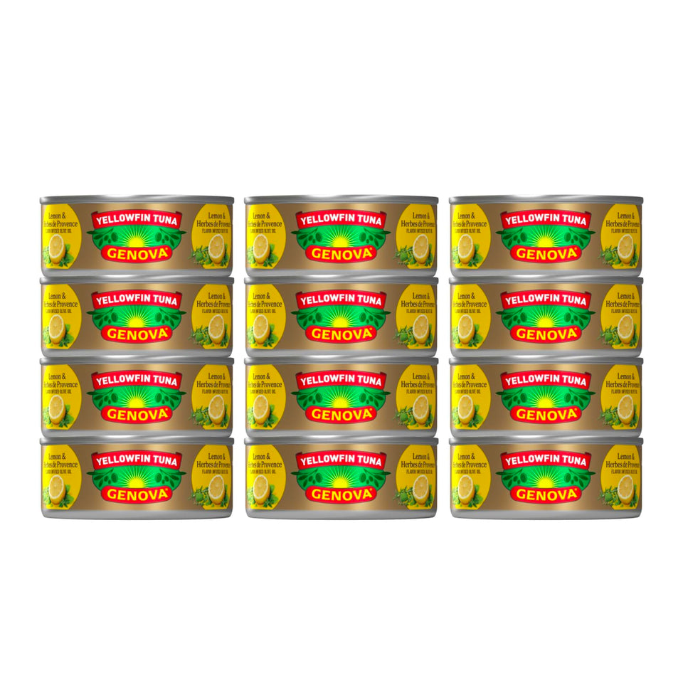 Genova yellowfin tuna can with lemon-herbes olive oil, ready for quick, flavorful meals.