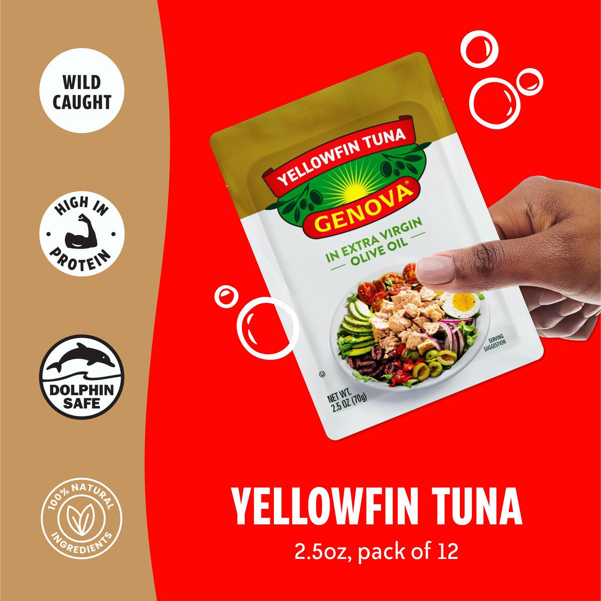 Close-up of Genova Yellowfin Tuna in Olive Oil showing rich color and flaky texture.