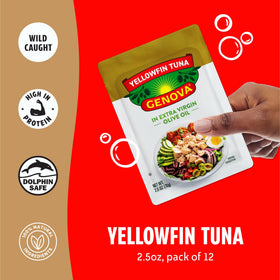 Close-up of Genova Yellowfin Tuna in Olive Oil showing rich color and flaky texture.
