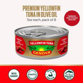 Close-up of olive oil coating on Genova tuna offers rich texture.