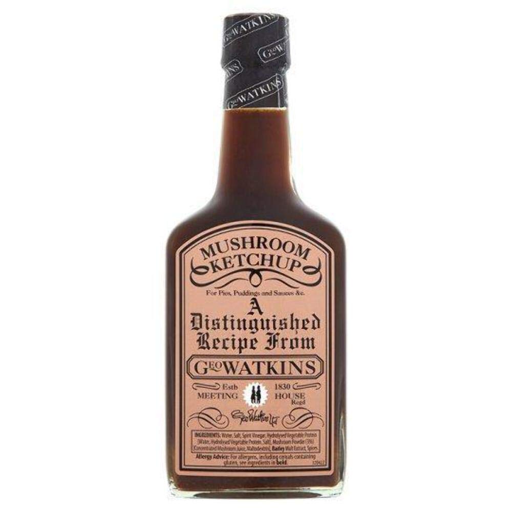Geo Watkins Mushroom Ketchup bottle enhances gravies and roasts with rich, earthy mushroom flavor.