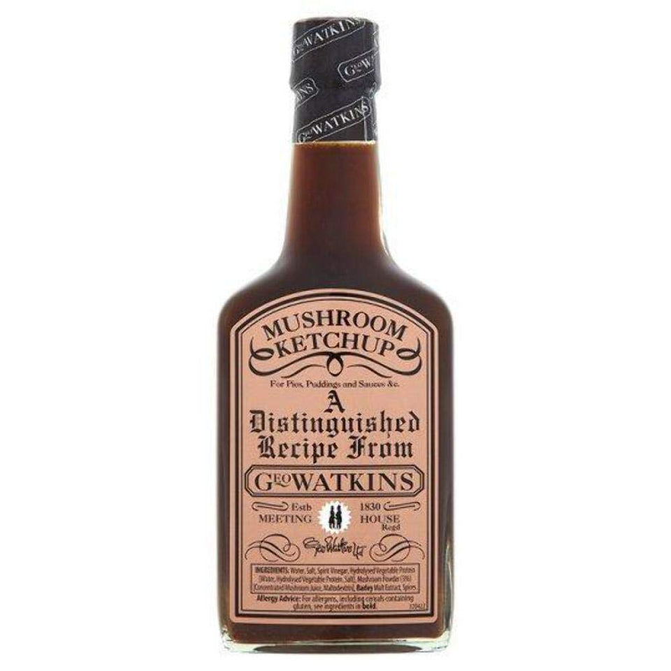 Geo Watkins Mushroom Ketchup bottle enhances gravies and roasts with rich, earthy mushroom flavor.