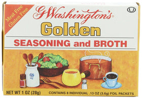 George Washington Golden Seasoning and Broth box packaging, suitable for vegetarian, gluten-free cooking.
