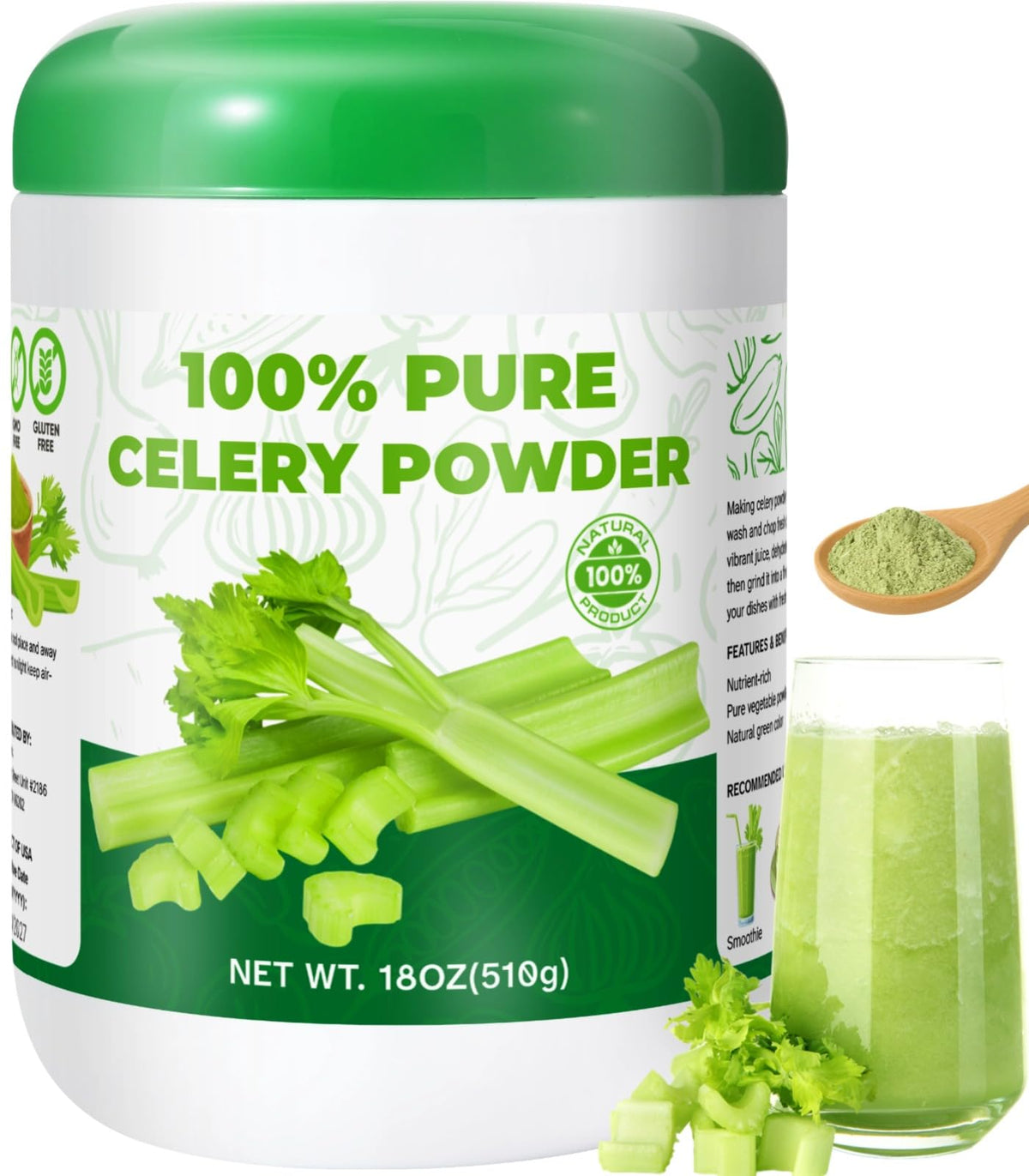 Gephron celery powder bottle close-up, ideal for smoothies and beverages.