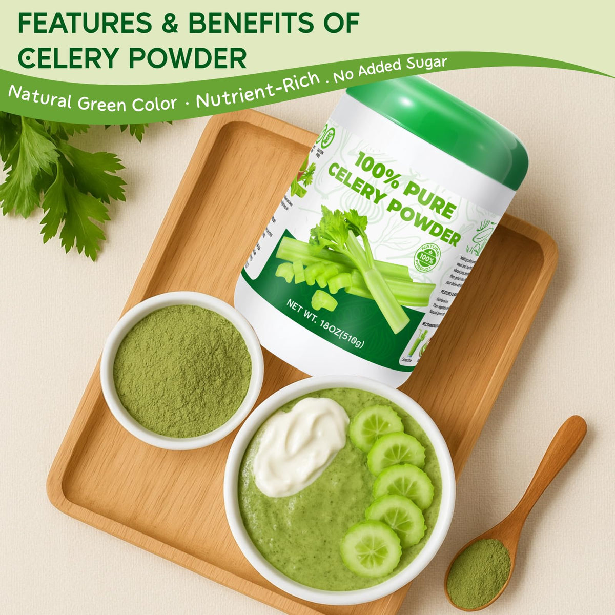 Gephron celery powder shake-ready, enhances smoothies and milk drinks.