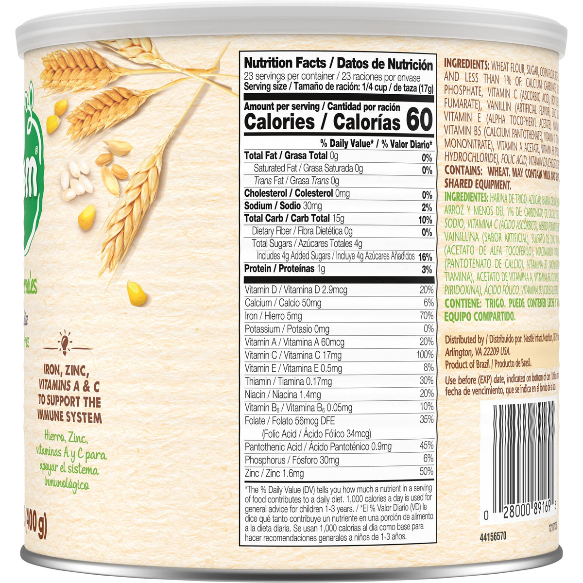 Gerber Nestum 3 Cereals packaging back highlighting vitamins and minerals for healthy development.