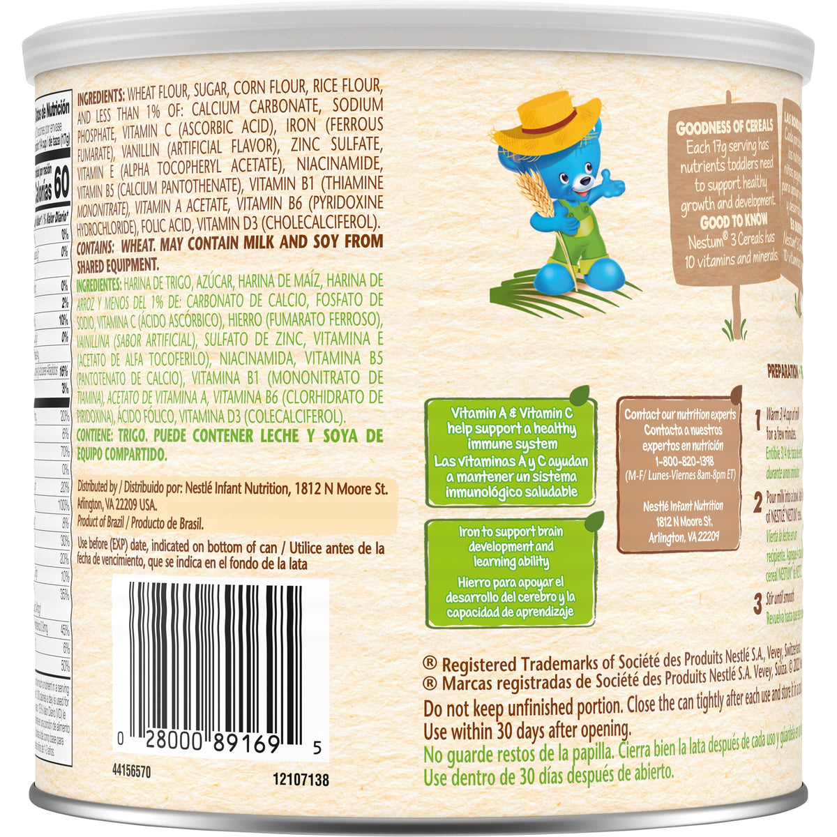 Gerber Nestum 3 Cereals ready-to-mix with milk for quick meals.
