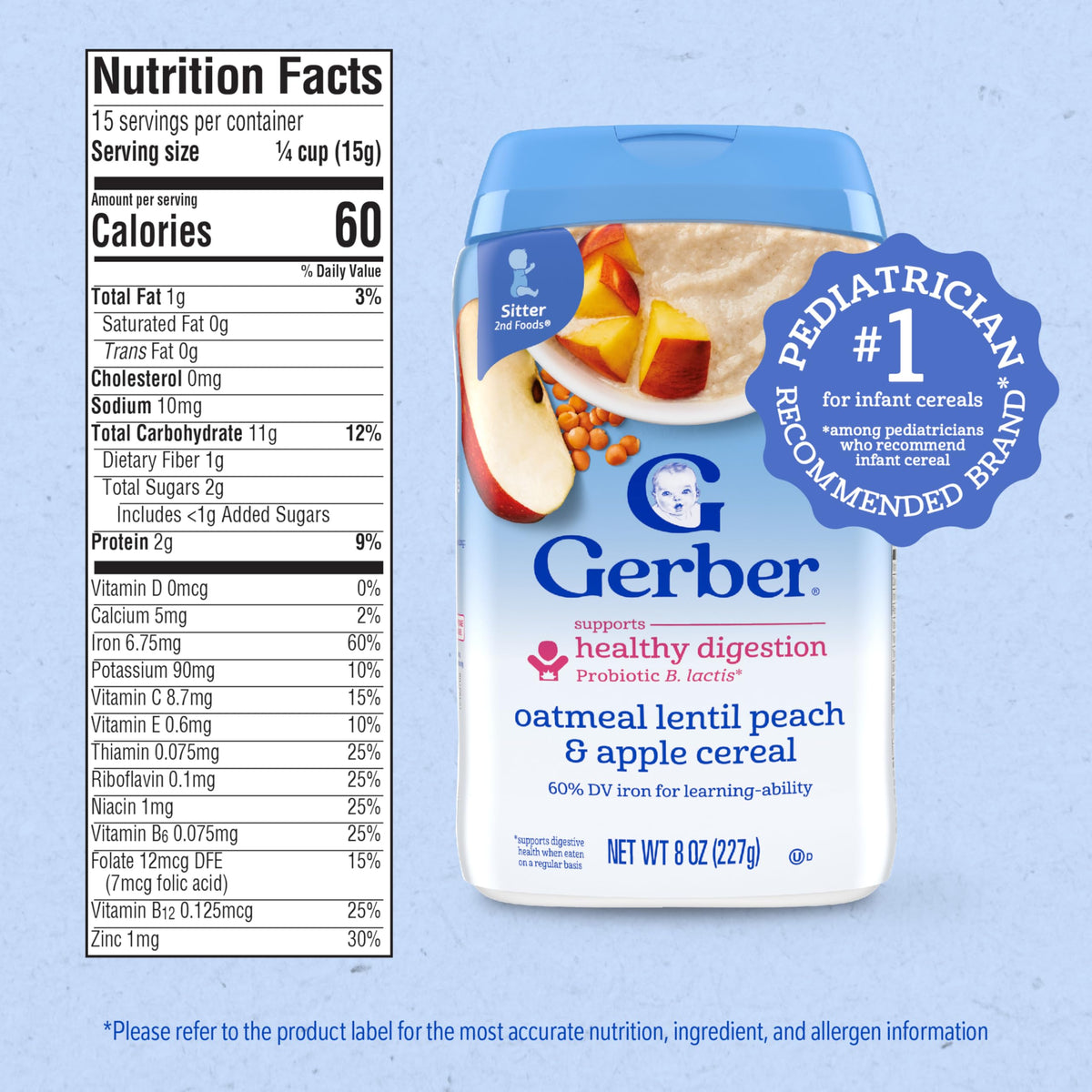 Gerber Stage 2 nutrition panel shows iron, zinc, B12, vitamin E.