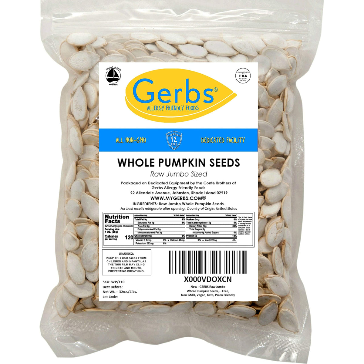GERBS jumbo raw pumpkin seeds in shell full bag—great snack on the go.