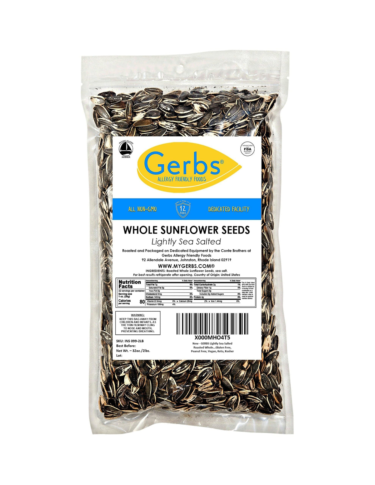 Gerbs Lightly Sea Salted Sunflower Seeds in Shell label close-up shows allergen-free non-GMO notes