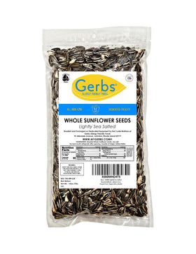 Gerbs Lightly Sea Salted Sunflower Seeds in Shell label close-up shows allergen-free non-GMO notes