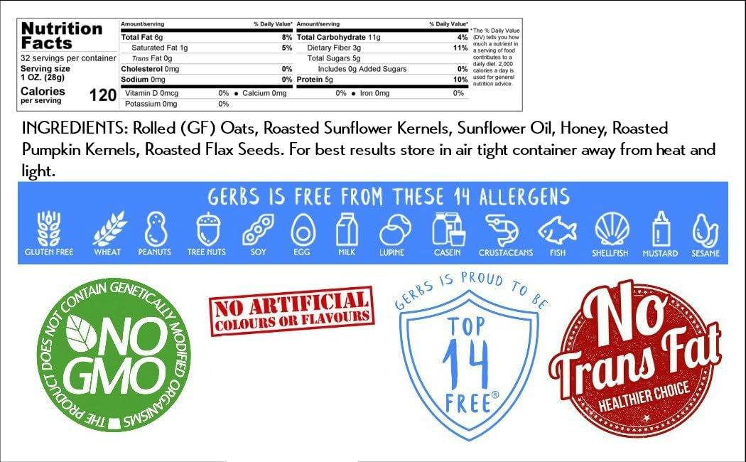 GERBS Granola jar label showcases Top 14 Allergen-Free promise and purity.