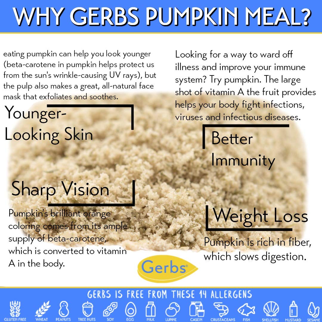 GERBS pumpkin seed meal bag back shows allergen information.