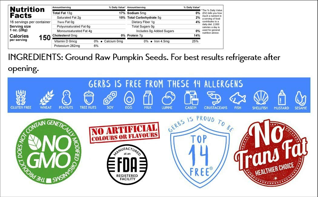 GERBS Pumpkin Seed Meal with gluten-free label confirming safety