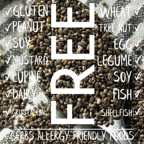 Close-up of GERBS raw black chia seeds showing tiny glossy seeds.