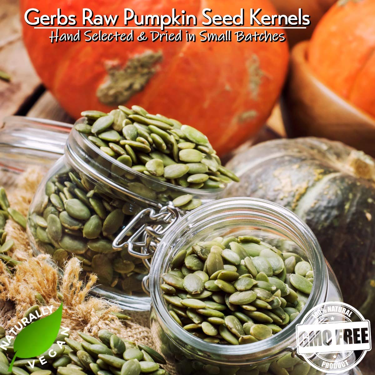 GERBS Raw Pumpkin Seed Kernels pouring from bag for easy recipe dosing.