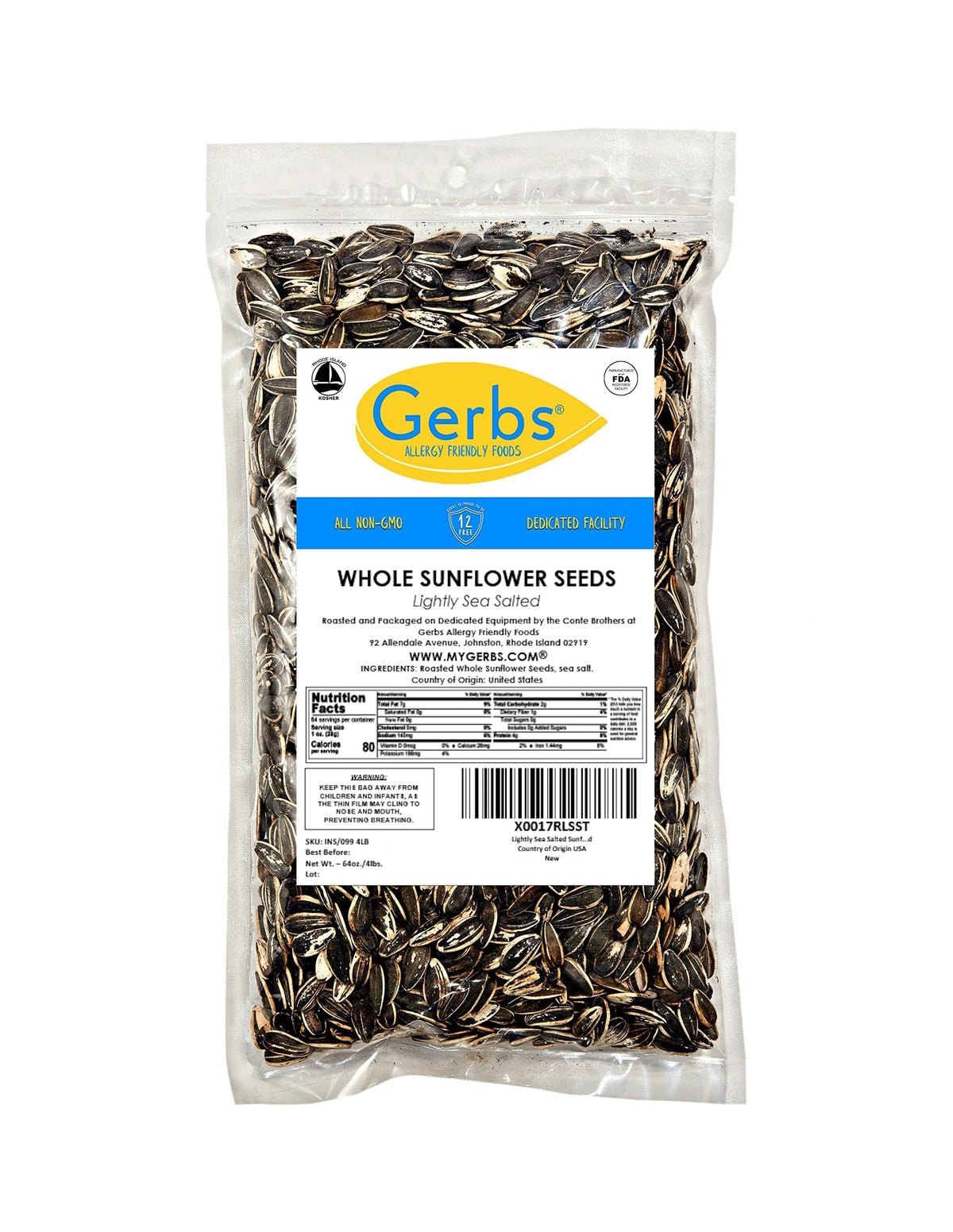 GERBS resealable bag preserves freshness of sunflower seeds.