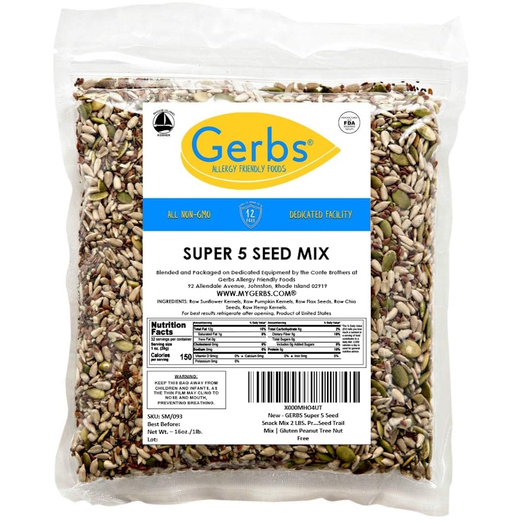 GERBS seeds close-up shows pumpkin, sunflower, flax, chia, hemp variety