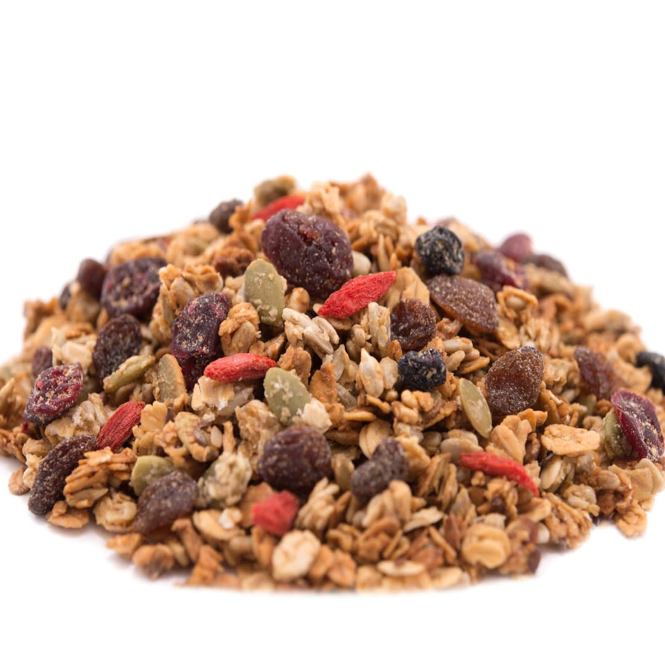 GERBS Super 5 Fruit Granola bag front view with reseal feature for freshness